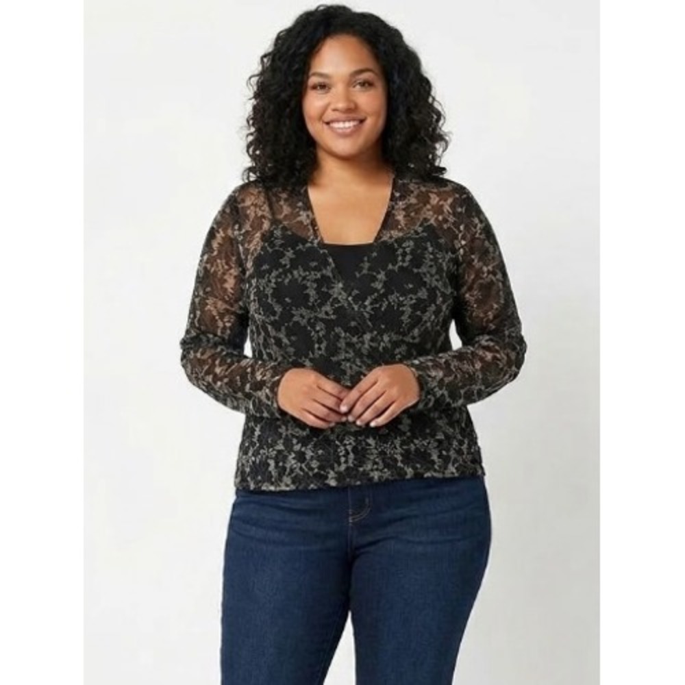INC‎ International Concepts Black Cream Floral Wrap Surplice Sheer Blouse XL